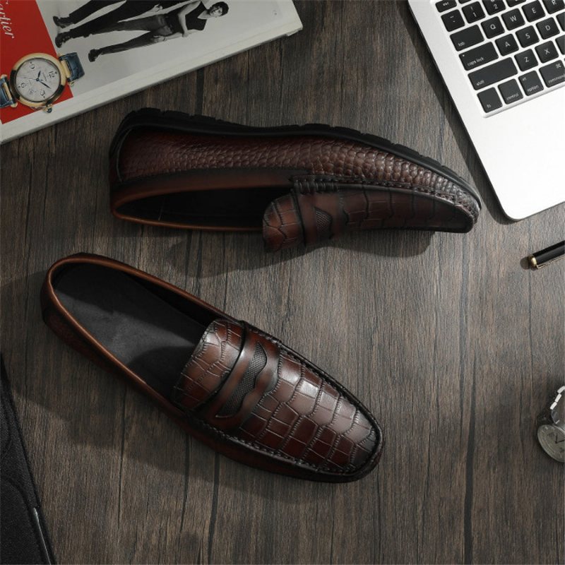 Miesten Loafers Croc Effect - Slip-on Loafer Mekkokengät - Kahvi