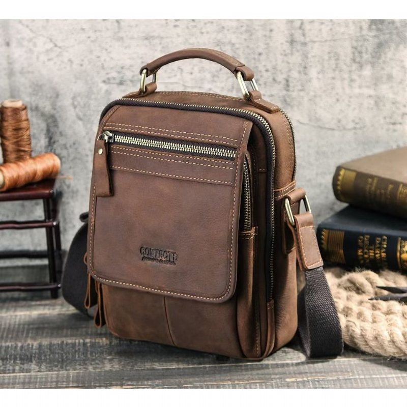 Miesten Olkalaukut Ylellinen Crossbody Messenger Bag Crazy Horse Classic Collection - Kahvia