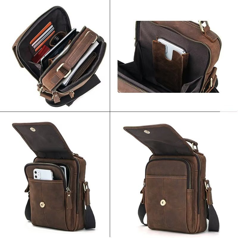 Miesten Olkalaukut Ylellinen Crossbody Messenger Bag Crazy Horse Classic Collection - Kahvia