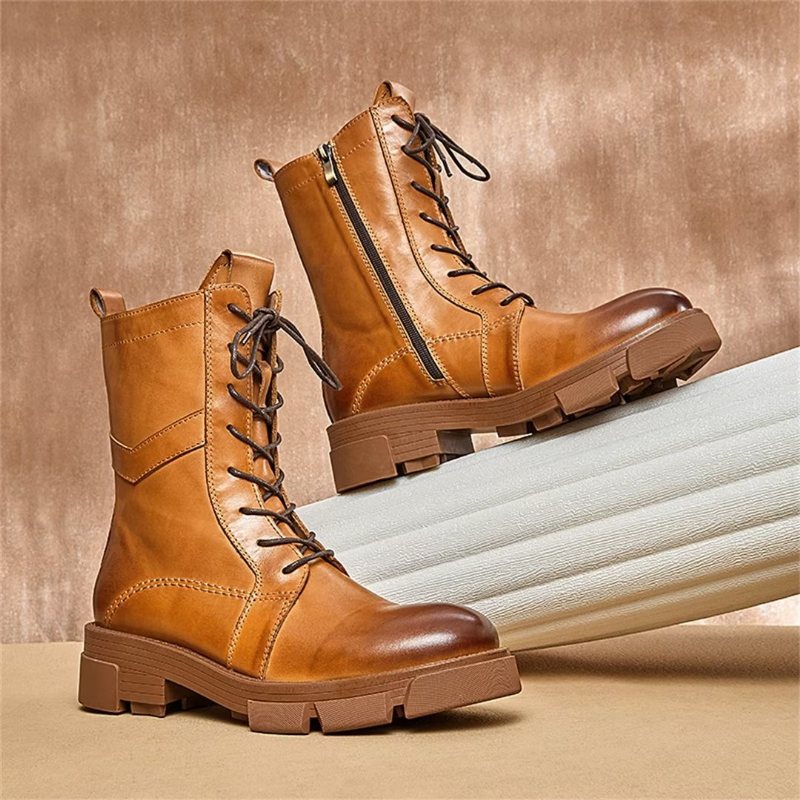 Miesten Saappaat Lampaannahkaa Chic Vintage Lyhyt Vetoketju Paksut Martin Boots - Ruskea